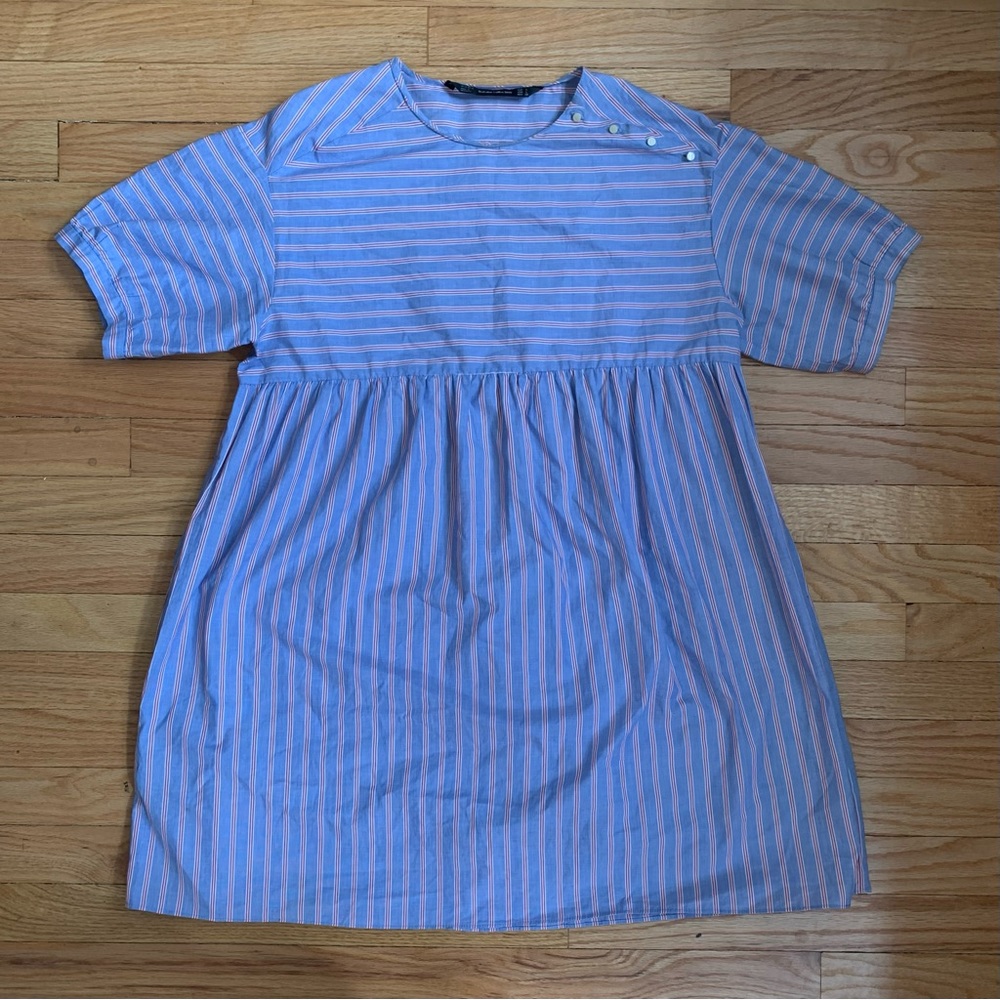 Zara Trafaluc Collection Blue and Pink Striped Puff Sleeve Babydoll Dress